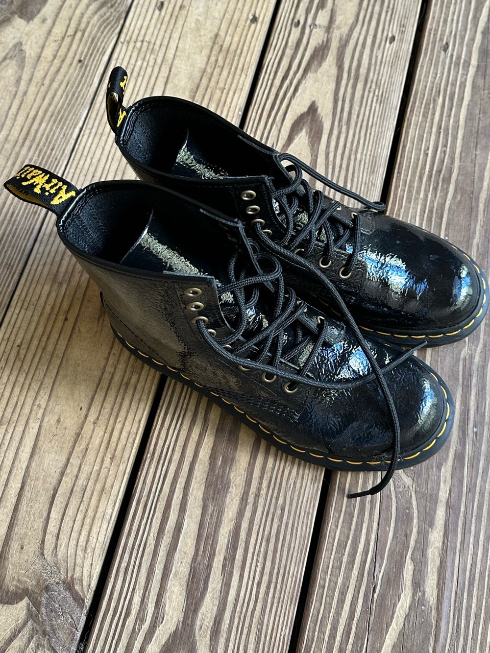 Dr. Martens Black Patent Lace-Up Boots with Yellow Stitching